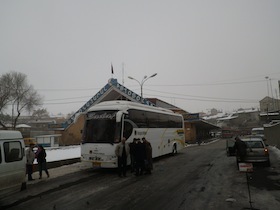 道路に停まる白い観光バス