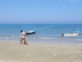 砂浜で両手に魚を運ぶ人